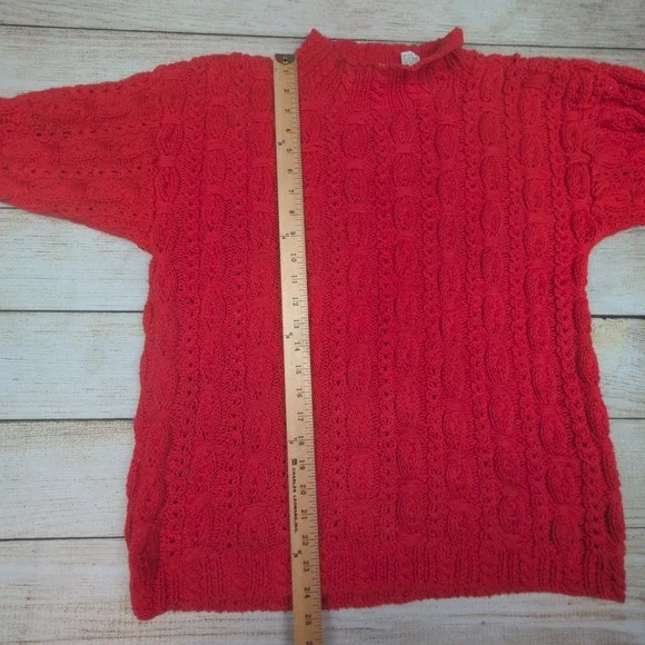 90s Cape Isle Knitters Red Cable Knit Sweater Womens Medium Hand Knit Mock Neck - Picture 4 of 7